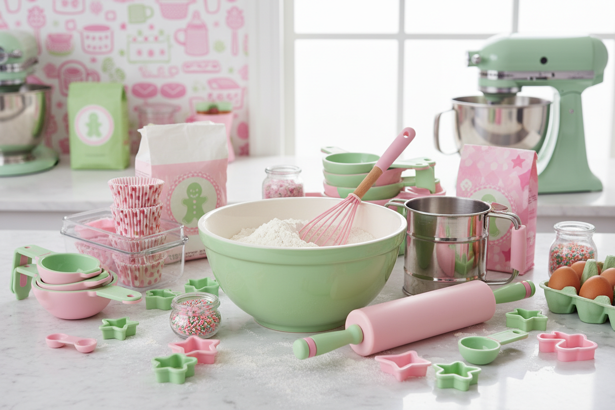 Colorful baking ingredients and sweetener bottles on a pink and green background.